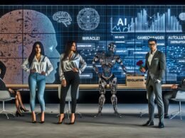 Business-Meeting: Diverse Profis vor Datenwand mit Charts; Roboter übergibt „Automation“-Werkzeugkiste an Manager, nüchterne Stimmung.