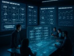 Moderner Kontrollraum mit digitalen Bildschirmen, holografischen Anzeigen und einem Expertenteam, das Content-Architektur und API-Flows analysiert.