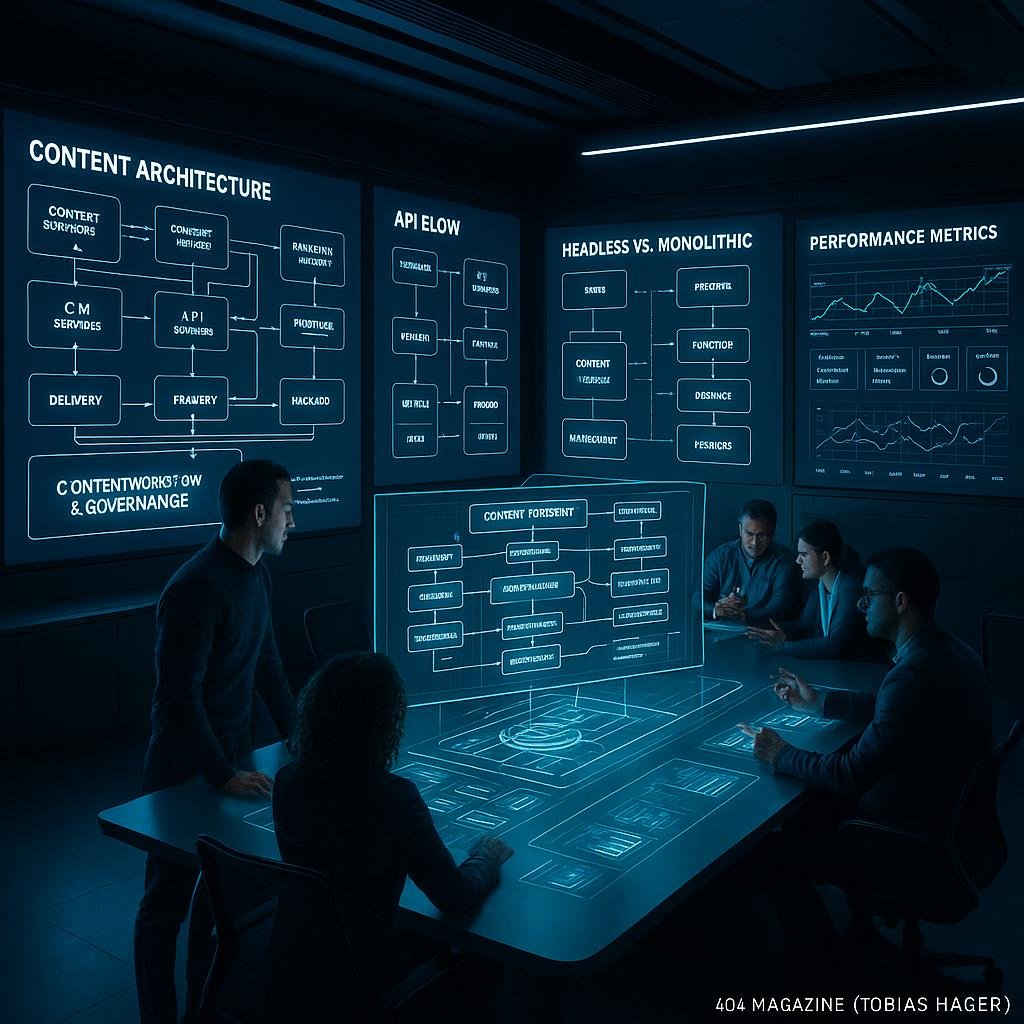 Moderner Kontrollraum mit digitalen Bildschirmen, holografischen Anzeigen und einem Expertenteam, das Content-Architektur und API-Flows analysiert.