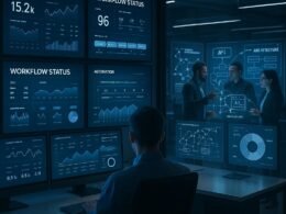 Schlankes, modernes Kontrollraum mit digitalen Dashboards, holographischen Bildschirmen und einem vielfältigen Team, das an innovativen Content-Lösungen arbeitet