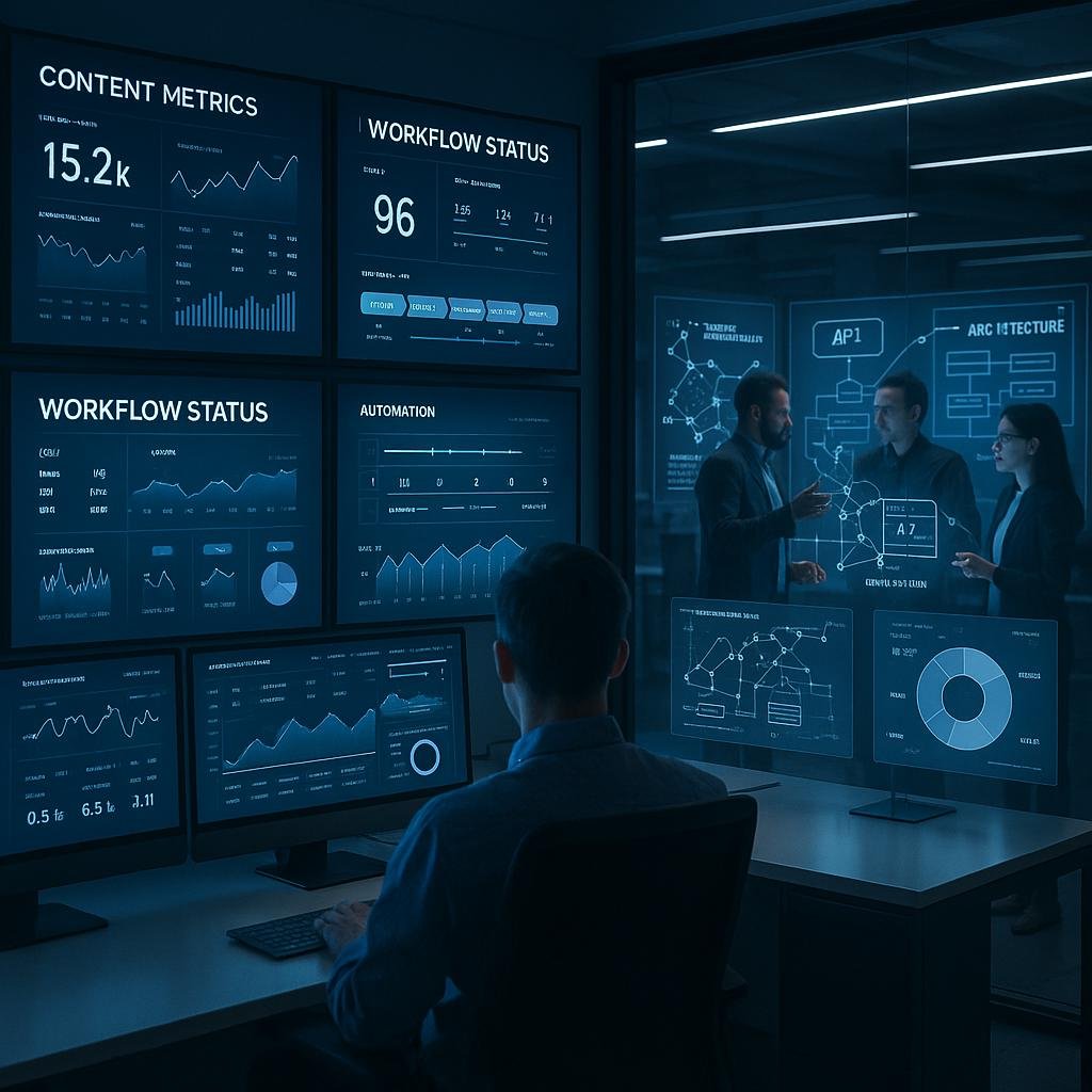 Schlankes, modernes Kontrollraum mit digitalen Dashboards, holographischen Bildschirmen und einem vielfältigen Team, das an innovativen Content-Lösungen arbeitet