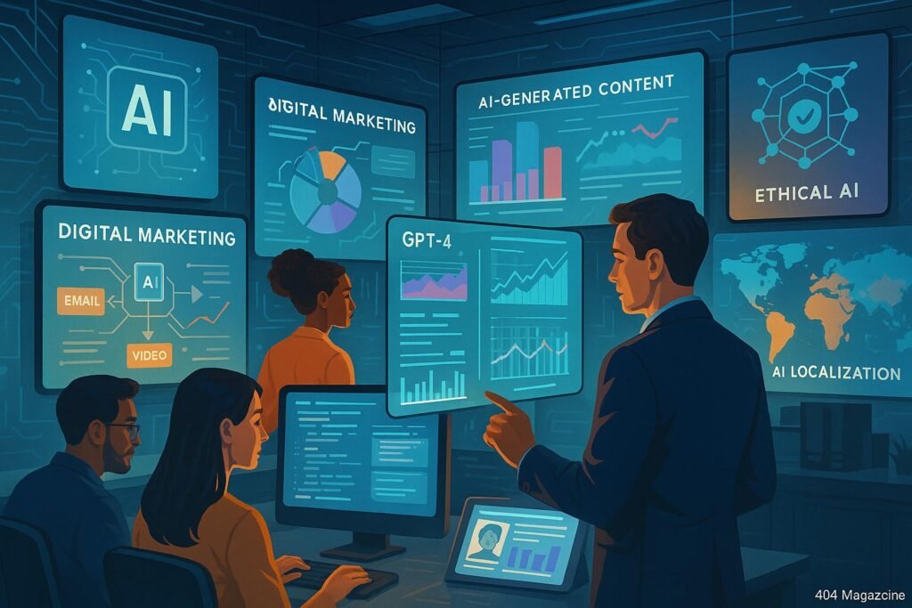 Dynamische Newsroom-Szene mit Fachleuten, holographischen Bildschirmen und globalen Datenvisualisierungen, die KI-Innovation und digitales Marketing im Jahr 2025 darstellen.