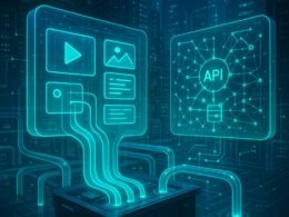 Futuristisches Kontrollzentrum mit holografischen Bildschirmen, Data-Streams und urbaner, technischer Umgebung in Blau- und Grüntönen.