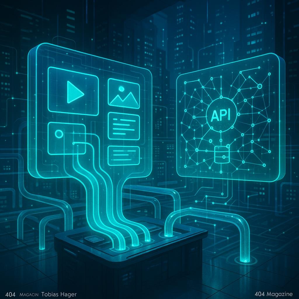 Futuristisches Kontrollzentrum mit holografischen Bildschirmen, Data-Streams und urbaner, technischer Umgebung in Blau- und Grüntönen.