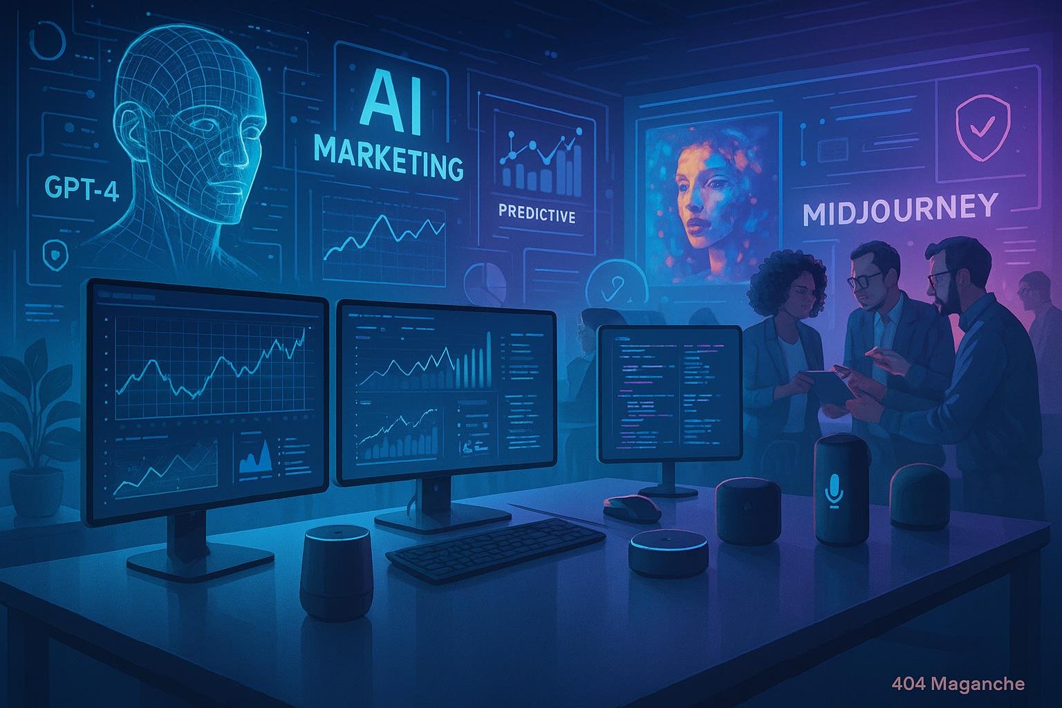 Moderne High-Tech-Arbeitswelt mit Monitoren, holographischen KI-Modellen, Teamzusammenarbeit und AI-Devices, symbolisiert die Integration von KI in das Marketing