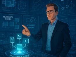 Business-Experte in Kontrollraum mit holografischen Projektoren und digitalen Displays, zeigt auf eine leuchtende Content-Engine im Zentrum.