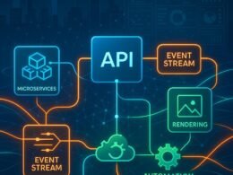 Dynamisches Netzwerk aus Microservices, Event-Streams und Cloud-Infrastruktur in einer modernen Content-Orchestrierungsarchitektur