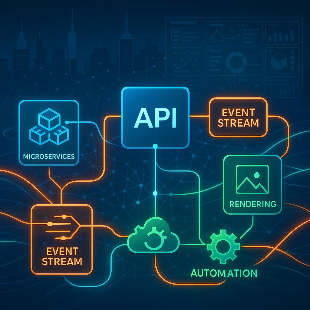 Dynamisches Netzwerk aus Microservices, Event-Streams und Cloud-Infrastruktur in einer modernen Content-Orchestrierungsarchitektur