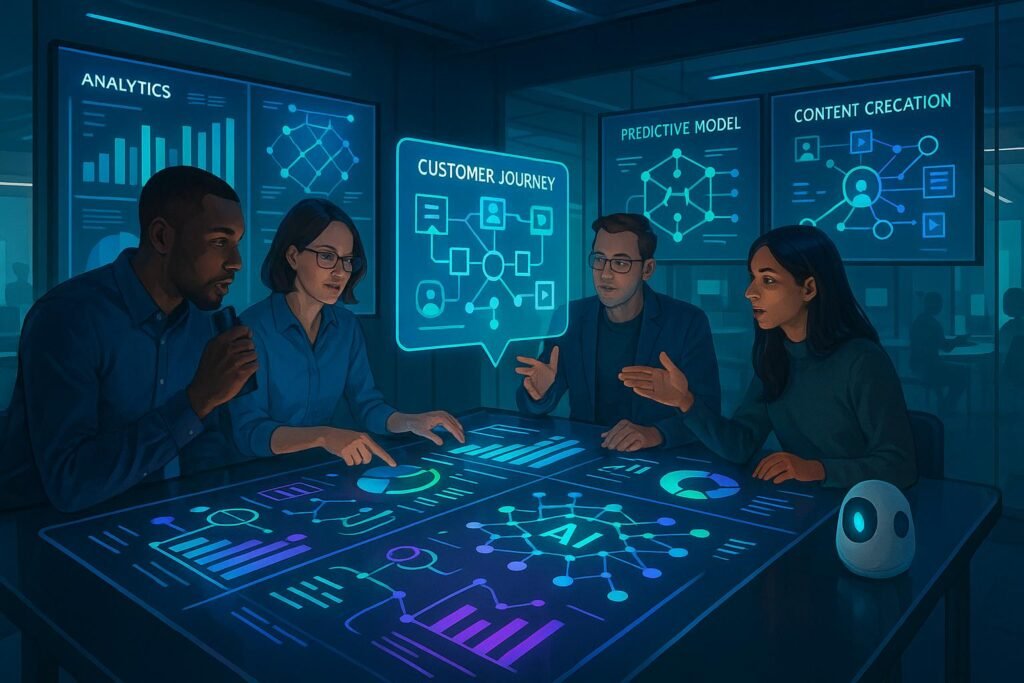 Futuristischer Arbeitstisch mit holographischen Modellen, KI-gestützte Geräte und diverse Fachkräfte im modernen, minimalistischen Raum, der Innovation und Technologie betont.