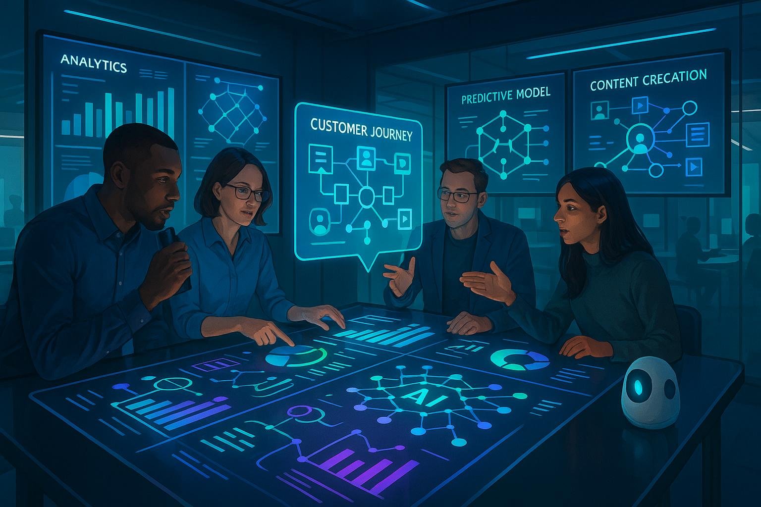 Futuristischer Arbeitstisch mit holographischen Modellen, KI-gestützte Geräte und diverse Fachkräfte im modernen, minimalistischen Raum, der Innovation und Technologie betont.