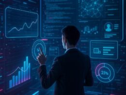 Futuristisches Kontrollzentrum mit holographischen Datenströmen und einer Person in Business-Outfit, die Datenvisualisierungen steuert