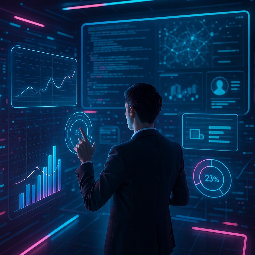 Futuristisches Kontrollzentrum mit holographischen Datenströmen und einer Person in Business-Outfit, die Datenvisualisierungen steuert