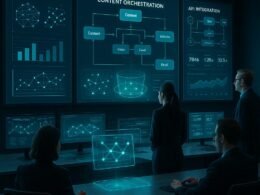 High-Tech-Kontrollraum mit digitalen Bildschirmen und holografischen Anzeigen, die vernetzte Inhalte und Echtzeitdaten überwachen.