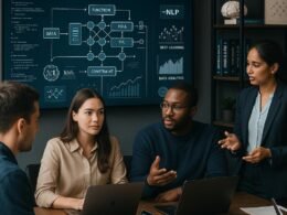 Modernes Arbeitsumfeld mit digitalem Bildschirm, Teamdiskussionen, technischen Büchern und Diagrammen über KI-Modelle und neuronale Netze.