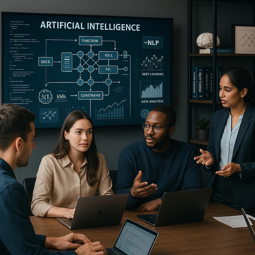 Modernes Arbeitsumfeld mit digitalem Bildschirm, Teamdiskussionen, technischen Büchern und Diagrammen über KI-Modelle und neuronale Netze.