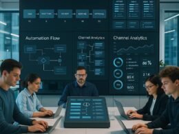 Moderne Redaktion mit digitalen Bildschirmanzeigen, Teamarbeit an Laptops und Tablets, Automatisierungsprozesse und Content-Analysen in einer futuristischen Umgebung.