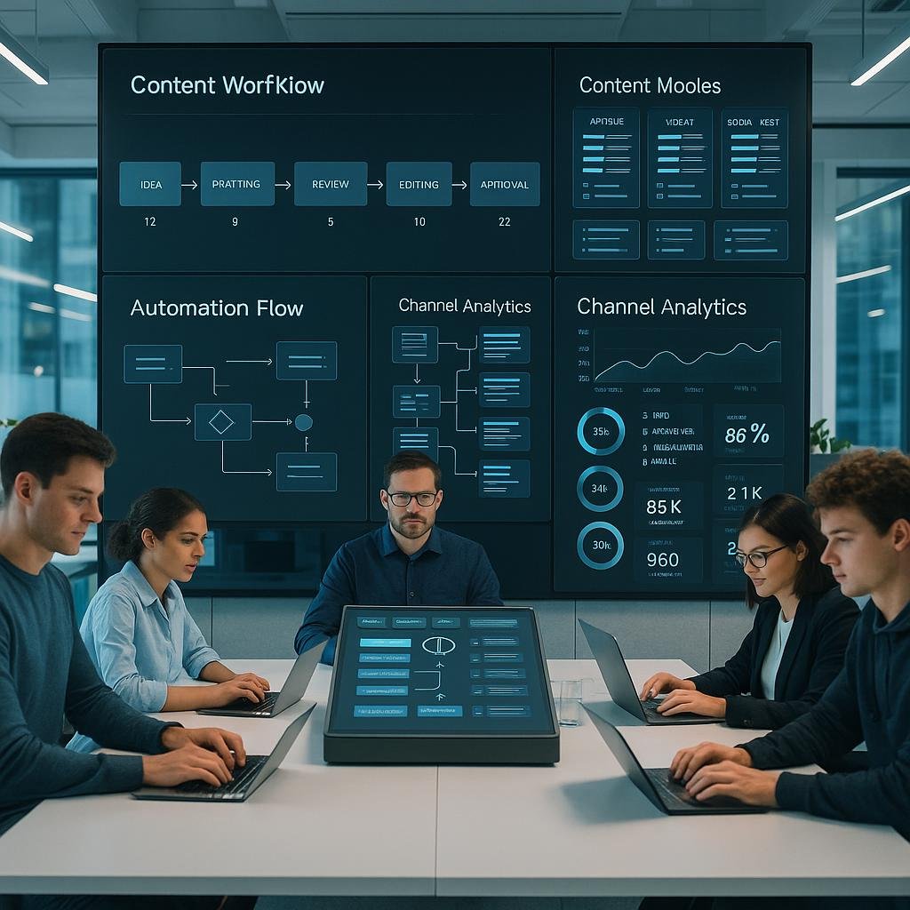 Moderne Redaktion mit digitalen Bildschirmanzeigen, Teamarbeit an Laptops und Tablets, Automatisierungsprozesse und Content-Analysen in einer futuristischen Umgebung.