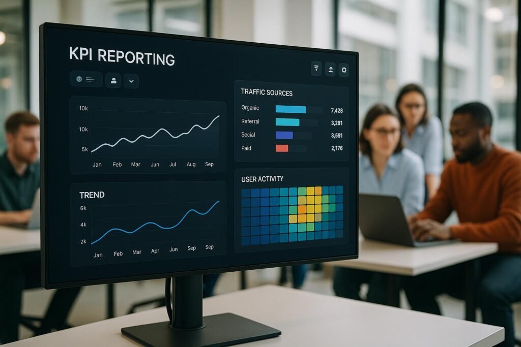 Modernes KPI-Dashboard mit bunten Diagrammen und Heatmaps in einem modernen Büro mit Teamarbeit