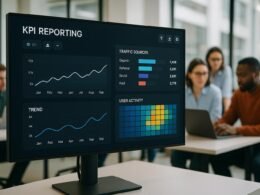 Modernes KPI-Dashboard mit bunten Diagrammen und Heatmaps in einem modernen Büro mit Teamarbeit