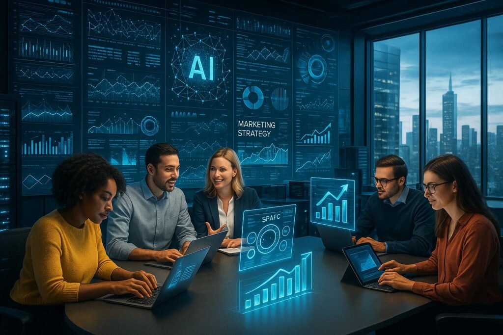 Dynamisches Büro mit digitaler Wand, holographischen Grafiken und einem Team von Marketing-Profis in einer futuristischen Umgebung mit Stadtblick