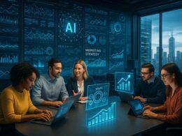 Dynamisches Büro mit digitaler Wand, holographischen Grafiken und einem Team von Marketing-Profis in einer futuristischen Umgebung mit Stadtblick