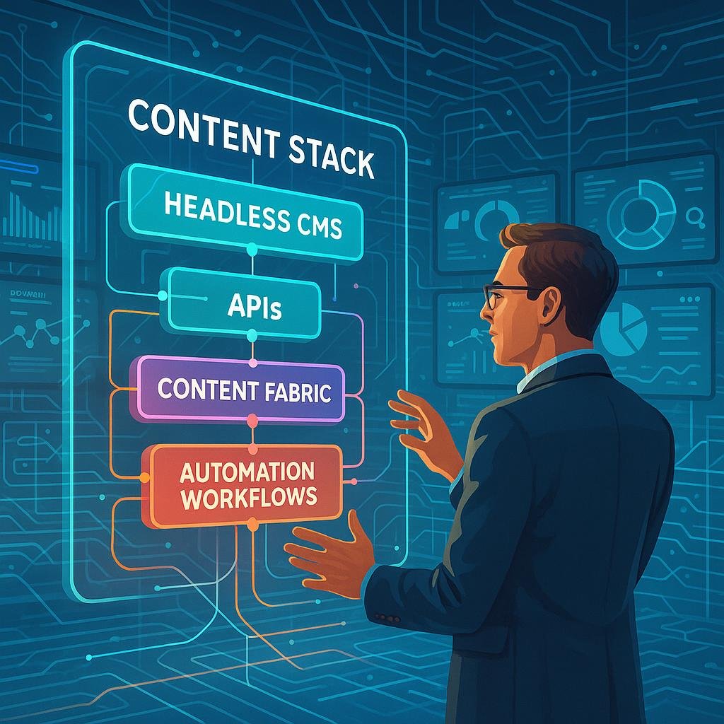 Ein moderner Arbeitsraum mit digitalem Dirigenten in Business-Casual vor einem holografischen Monitor, der Content-Stacks, APIs und Automatisierungsprozesse visualisiert, im futuristischen Design.