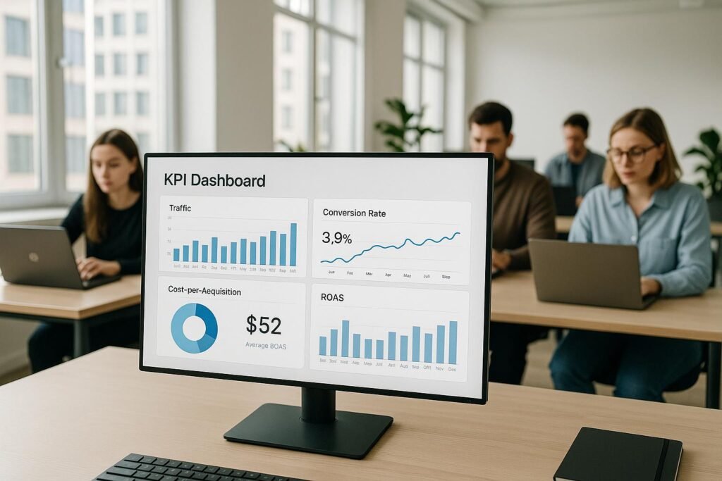 Helles Büro mit einem modernen Dashboard, das Balken-, Linien- und Kreisdiagramme sowie Teammitglieder bei der Datenanalyse zeigt, mit Fokus auf KPIs wie Traffic, Conversion Rate und ROAS.