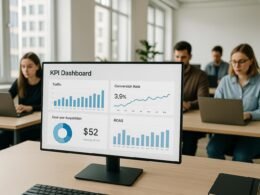 Helles Büro mit einem modernen Dashboard, das Balken-, Linien- und Kreisdiagramme sowie Teammitglieder bei der Datenanalyse zeigt, mit Fokus auf KPIs wie Traffic, Conversion Rate und ROAS.