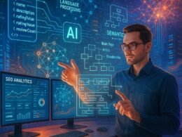 Ein futuristischer Arbeitsplatz mit holographischen Daten, mehreren Monitoren und digitaler Stadt im Hintergrund, der fortschrittliche KI-gestützte SEO-Technologien zeigt.