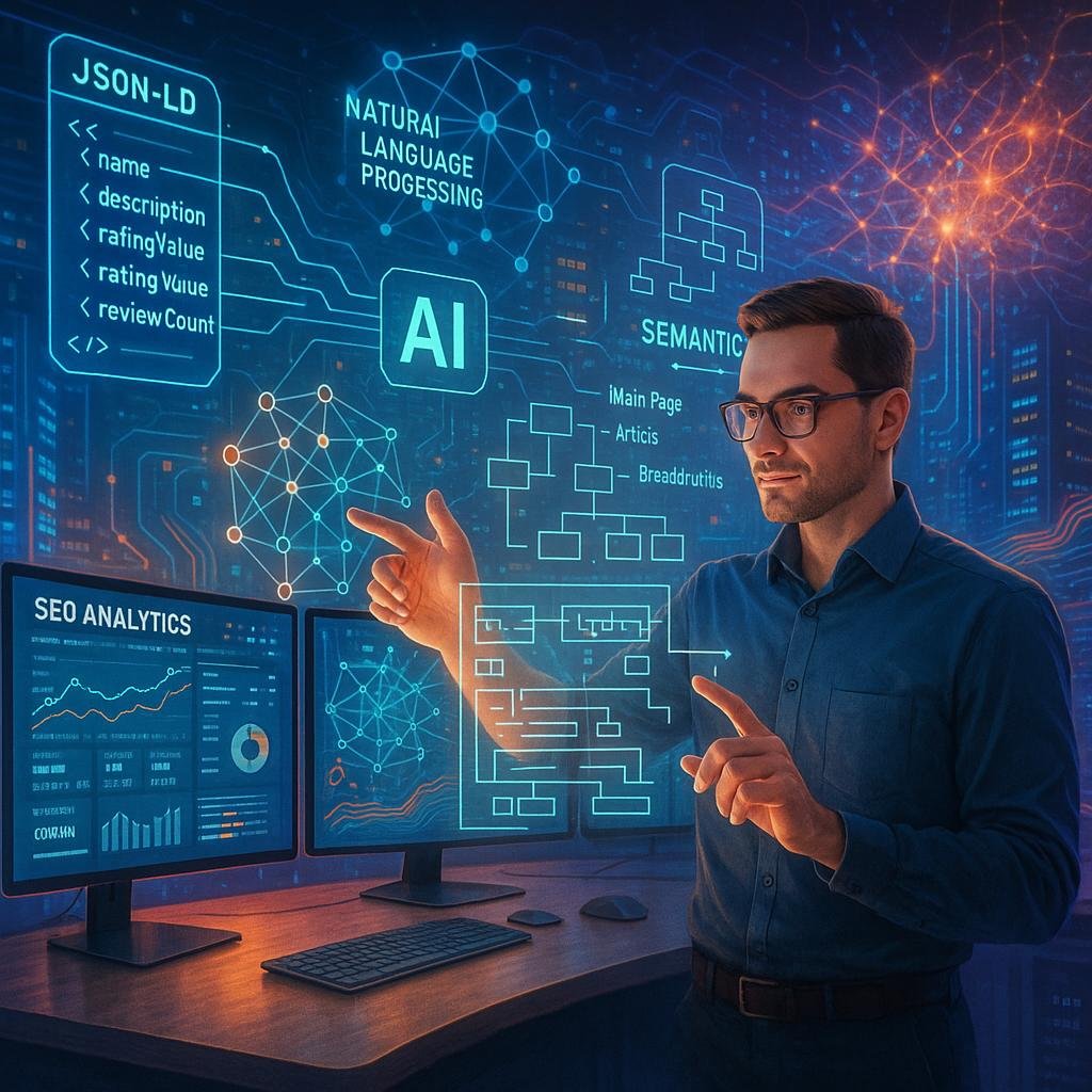 Ein futuristischer Arbeitsplatz mit holographischen Daten, mehreren Monitoren und digitaler Stadt im Hintergrund, der fortschrittliche KI-gestützte SEO-Technologien zeigt.