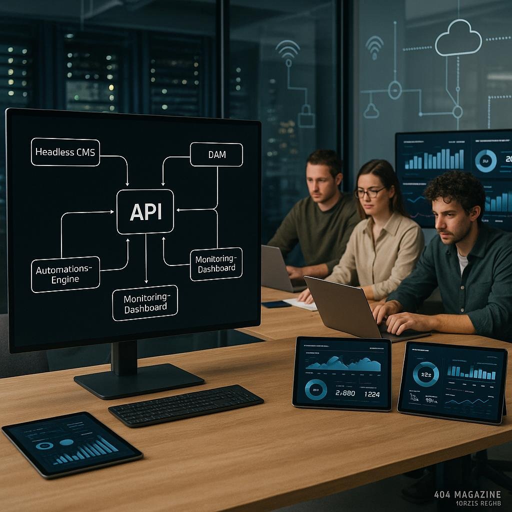 Modernes Content-Management-System-Setup mit großem Bildschirm, Dashboards und vernetzten Teammitgliedern in technischer Arbeitsumgebung