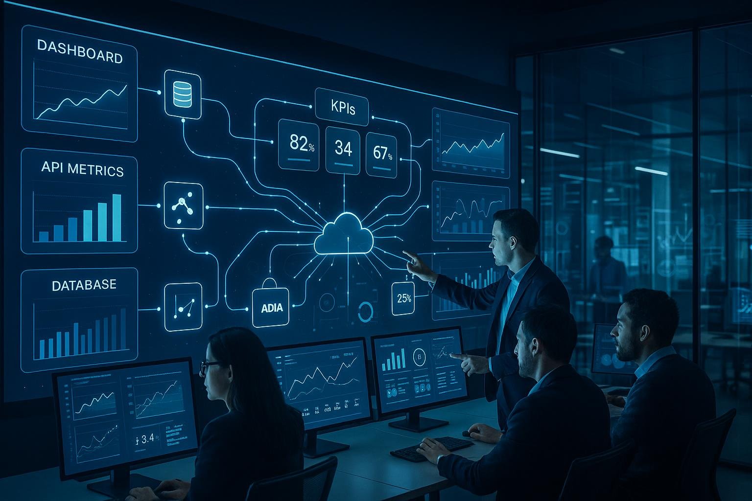 Modernes Büro mit digitaler Steuerungszentrale, Datenpipelines und Analysten bei der Zusammenarbeit