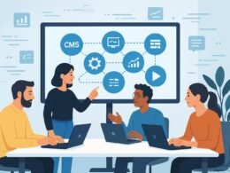 Team von Content-Erstellern arbeitet in einem modernen Büro mit digitalen Verbindungen und automatisierten Workflows, gezeigt durch einen großen Bildschirm und schwebende digitale Elemente.