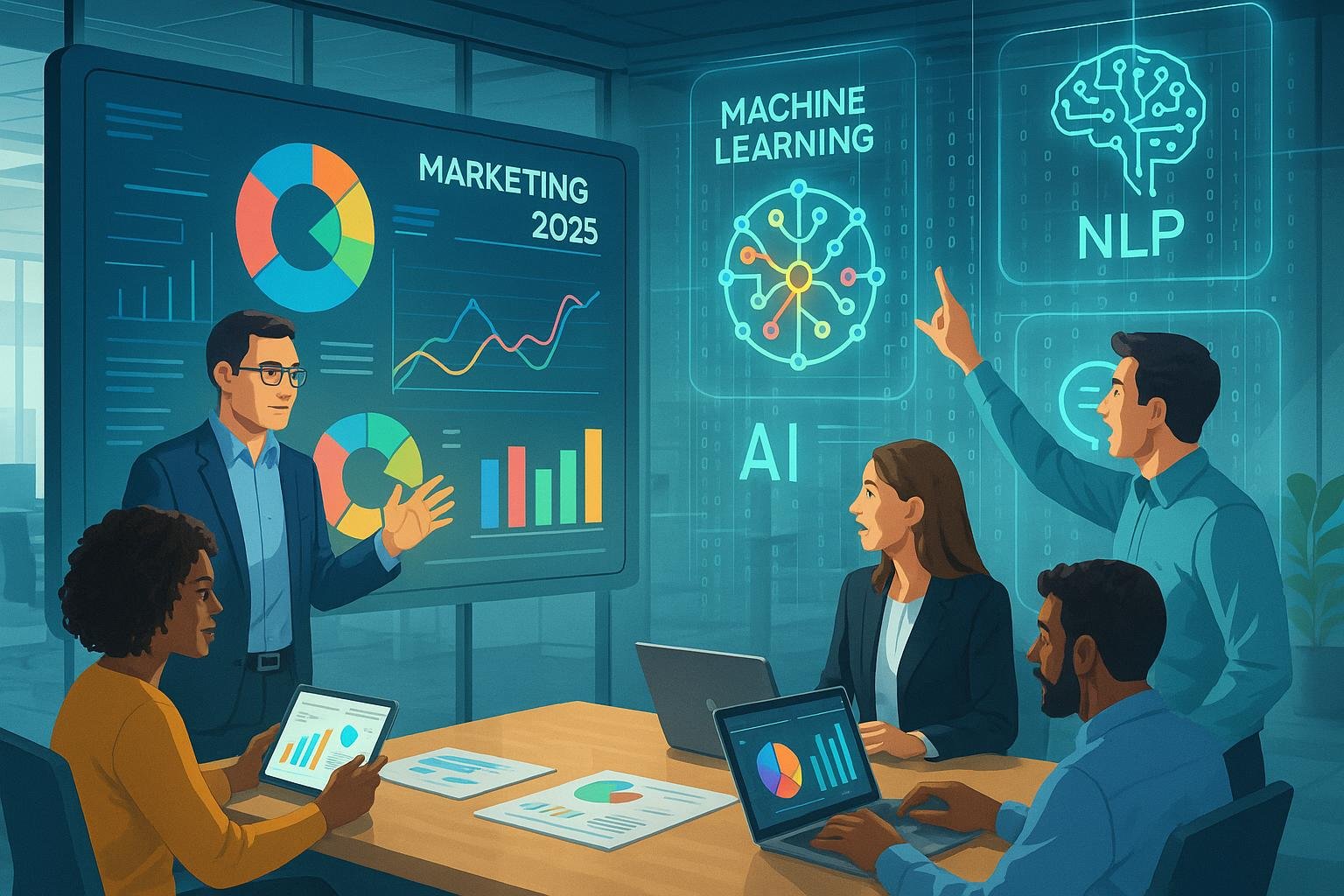 Moderne Marketingprofis in einem hochmodernen Büro mit digitalen Datenvisualisierungen, holografischen Anzeigen und interaktiven KI-Netzwerkdiagrammen, die Zusammenarbeit und Innovation symbolisieren.