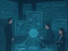 Futuristischer Content-Workflow-Managerraum mit holographischen Displays, Orchestrator-Node, digitalen Tafeln und Operatoren im Smart-Casual-Mode.