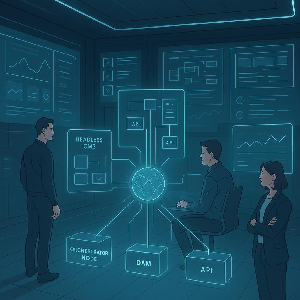 Futuristischer Content-Workflow-Managerraum mit holographischen Displays, Orchestrator-Node, digitalen Tafeln und Operatoren im Smart-Casual-Mode.