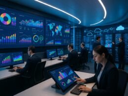 Moderne Data-Analytics-Kontrollzentrale mit großen Bildschirmen, Dashboard-Visualisierungen und vernetzten Server-Racks, die Digitalisierung und Automatisierung darstellen.