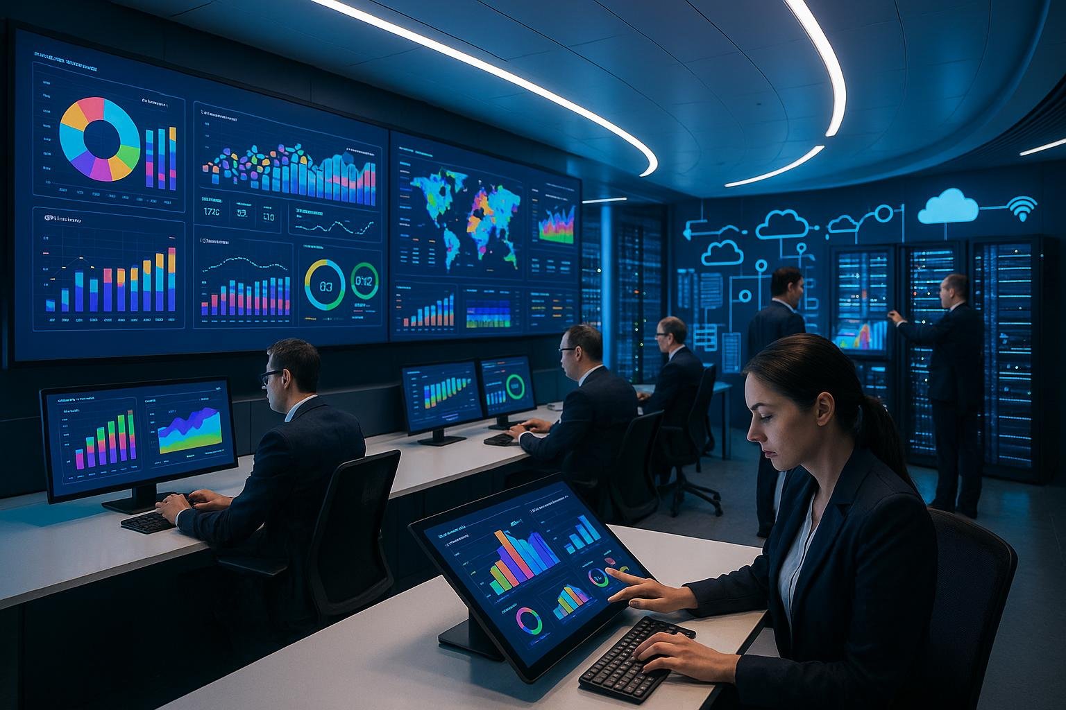 Moderne Data-Analytics-Kontrollzentrale mit großen Bildschirmen, Dashboard-Visualisierungen und vernetzten Server-Racks, die Digitalisierung und Automatisierung darstellen.