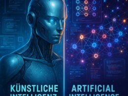 Futuristische digitale Szene mit humanoider KI und abstrakten neuronalen Netzwerken, holographischen Schnittstellen und digitalen Code-Visualisierungen