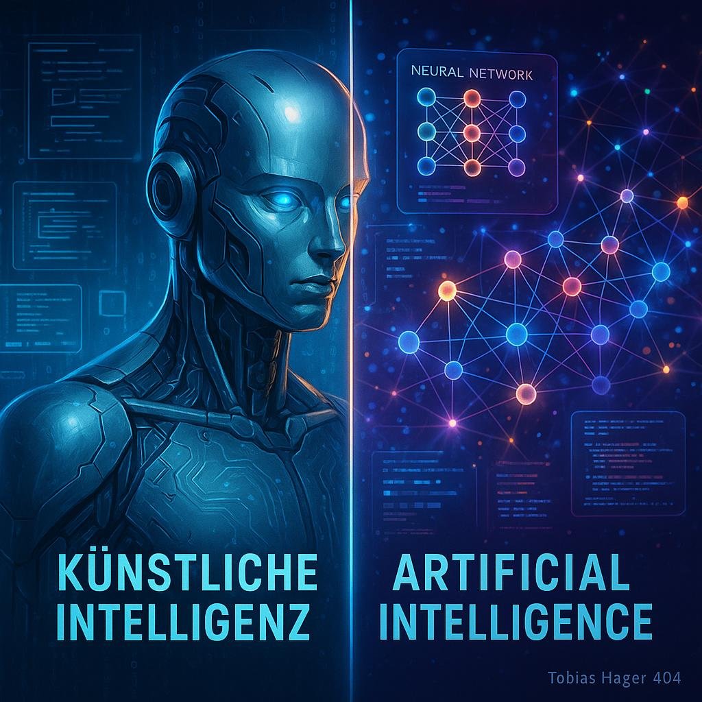 Futuristische digitale Szene mit humanoider KI und abstrakten neuronalen Netzwerken, holographischen Schnittstellen und digitalen Code-Visualisierungen