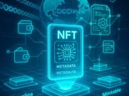 Futuristisches digitales Szenario mit Blockchain, holographischer NFT-Karte, Smart Contracts und digitalen Wallet-Icons, visualisiert in Blau-, Türkis- und Neonfarben.