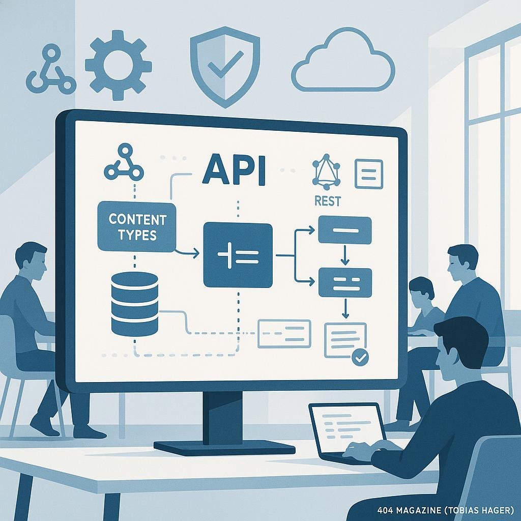 Digitales Touchscreen-Display in modernem Arbeitsraum zeigt API-Architektur mit Grafiken, Entwicklern bei der Arbeit, Symbole für Automatisierung, Sicherheit und Skalierbarkeit.