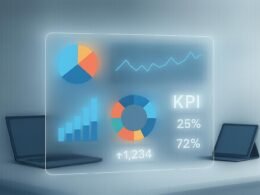 Stilisierter Arbeitsbereich mit digitalem Dashboard, Diagrammen, Laptop und Tablet, symbolisiert Datenanalyse und Automatisierung in der Business-Strategie.