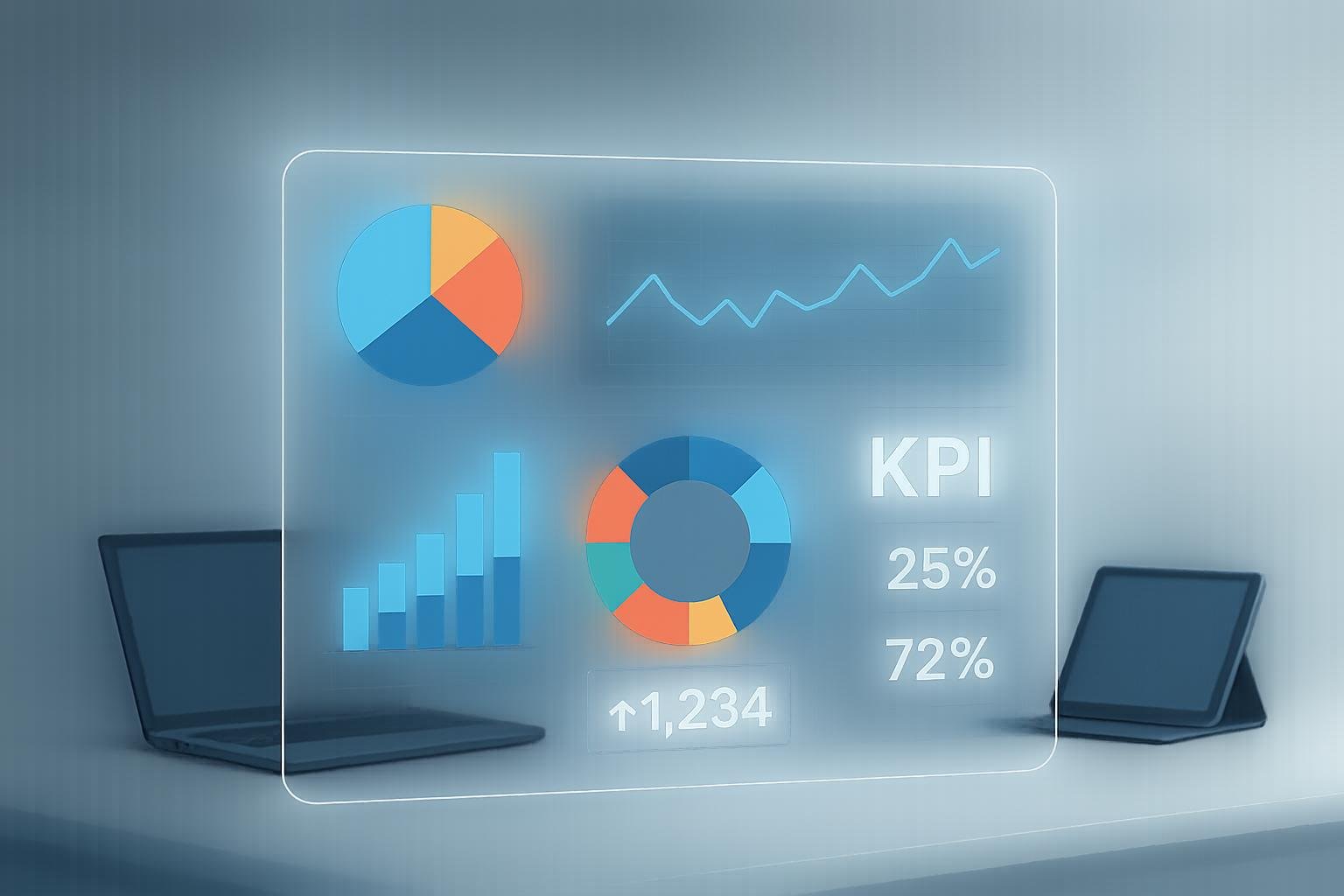 Stilisierter Arbeitsbereich mit digitalem Dashboard, Diagrammen, Laptop und Tablet, symbolisiert Datenanalyse und Automatisierung in der Business-Strategie.
