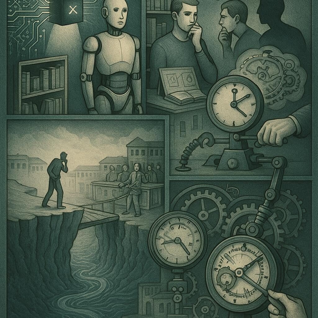 Detaillierte Illustration der Grenzen der künstlichen Intelligenz mit Szenen zu Black Box, fehlender Empathie, moralischer Urteilskraft und technischer Beschränkung.