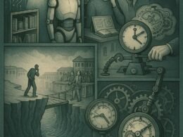 Detaillierte Illustration der Grenzen der künstlichen Intelligenz mit Szenen zu Black Box, fehlender Empathie, moralischer Urteilskraft und technischer Beschränkung.