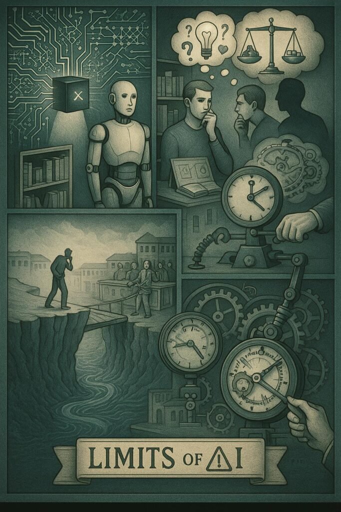 Detaillierte Illustration der Grenzen der künstlichen Intelligenz mit Szenen zu Black Box, fehlender Empathie, moralischer Urteilskraft und technischer Beschränkung.