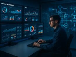 Moderner digitaler Kontrollraum mit Analyst, großen Displays und digitalen Datenvisualisierungen, im Hintergrund transparente Wände mit Datenpipelines, von Tobias Hager für 404 Magazine.