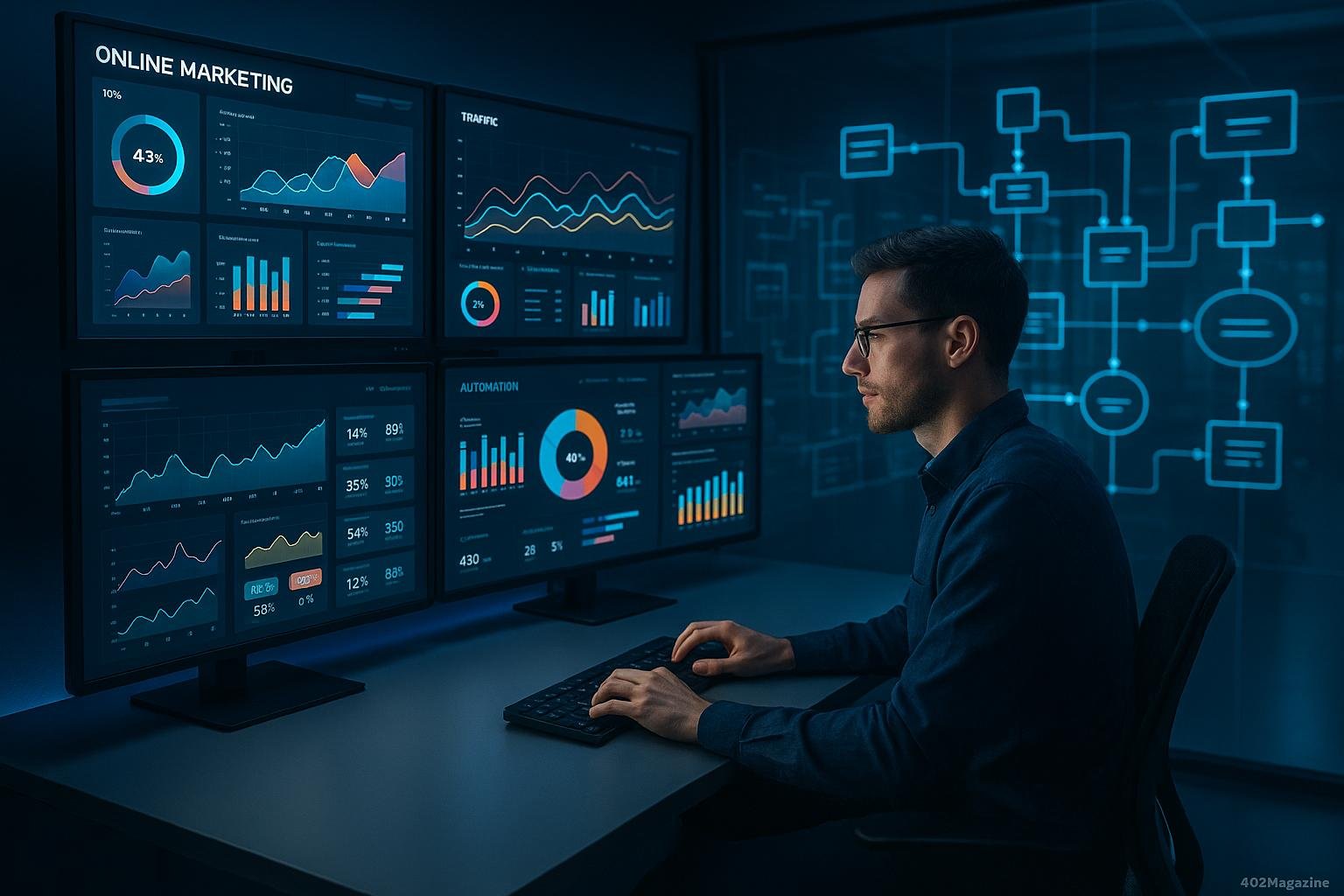 Moderner digitaler Kontrollraum mit Analyst, großen Displays und digitalen Datenvisualisierungen, im Hintergrund transparente Wände mit Datenpipelines, von Tobias Hager für 404 Magazine.