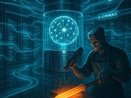 Futuristisches Datenzentrum mit leuchtender Scheibe, holographischen Datenströmen und digitalem Schmied, der Produktdaten bearbeitet, Credit: 404 Magazine (Tobias Hager)